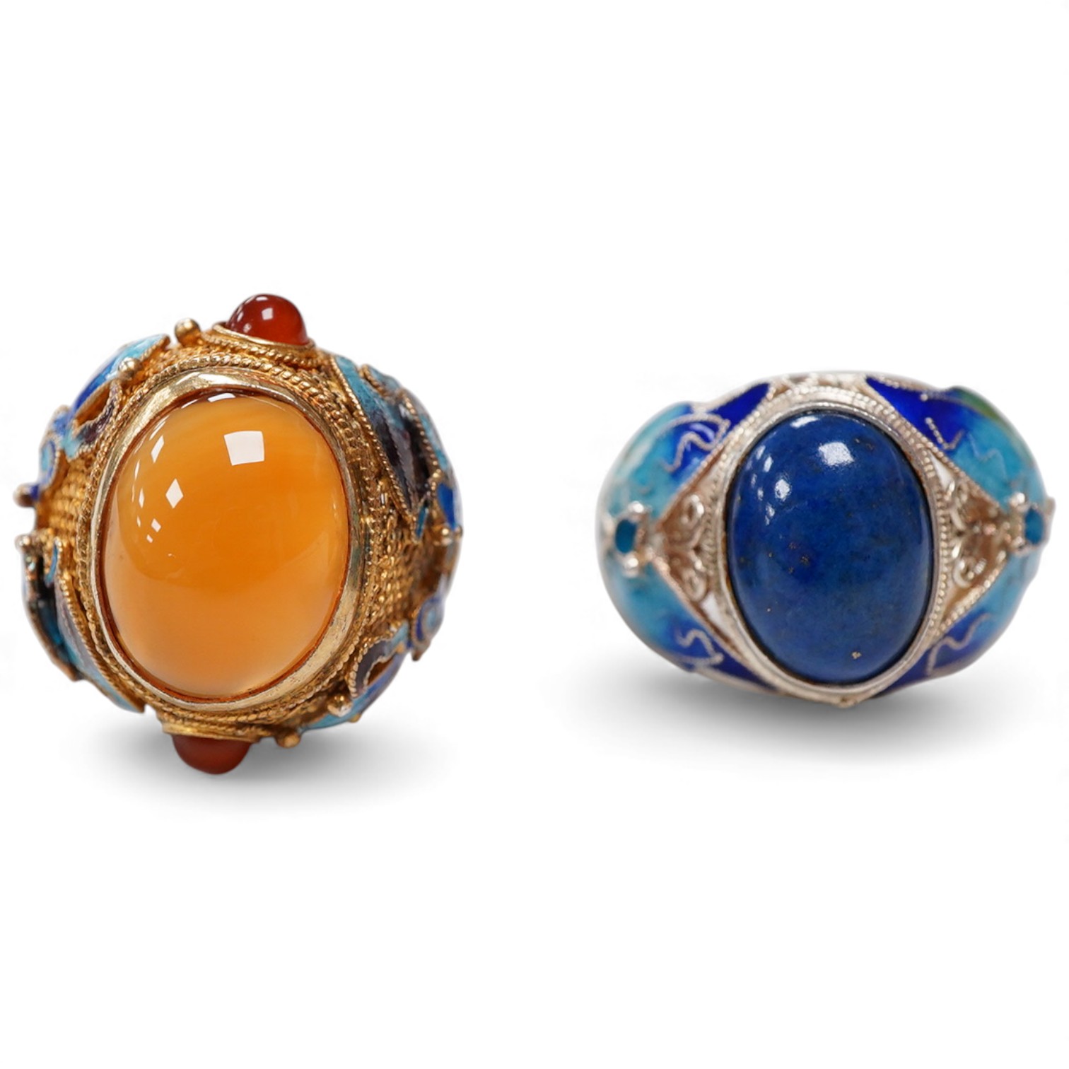 Two Chinese silver, enamel and gem set rings.
